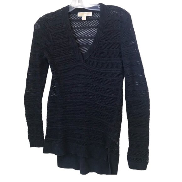 Michael Kors Cotton V Neck Open Knit Lightweight Sweater High Low Slit Hem Knit - Picture 1 of 13